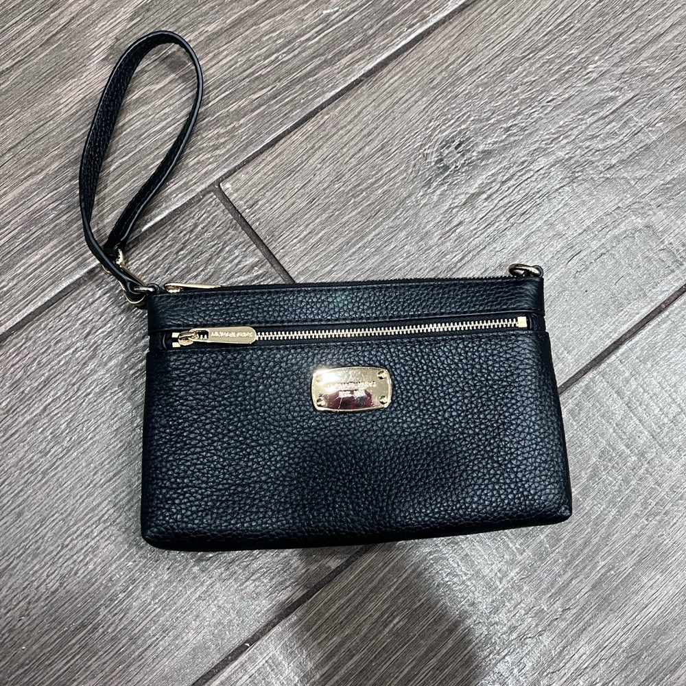 Michael Kors Black Pebbled Leather Wristlet with Gold Hardware